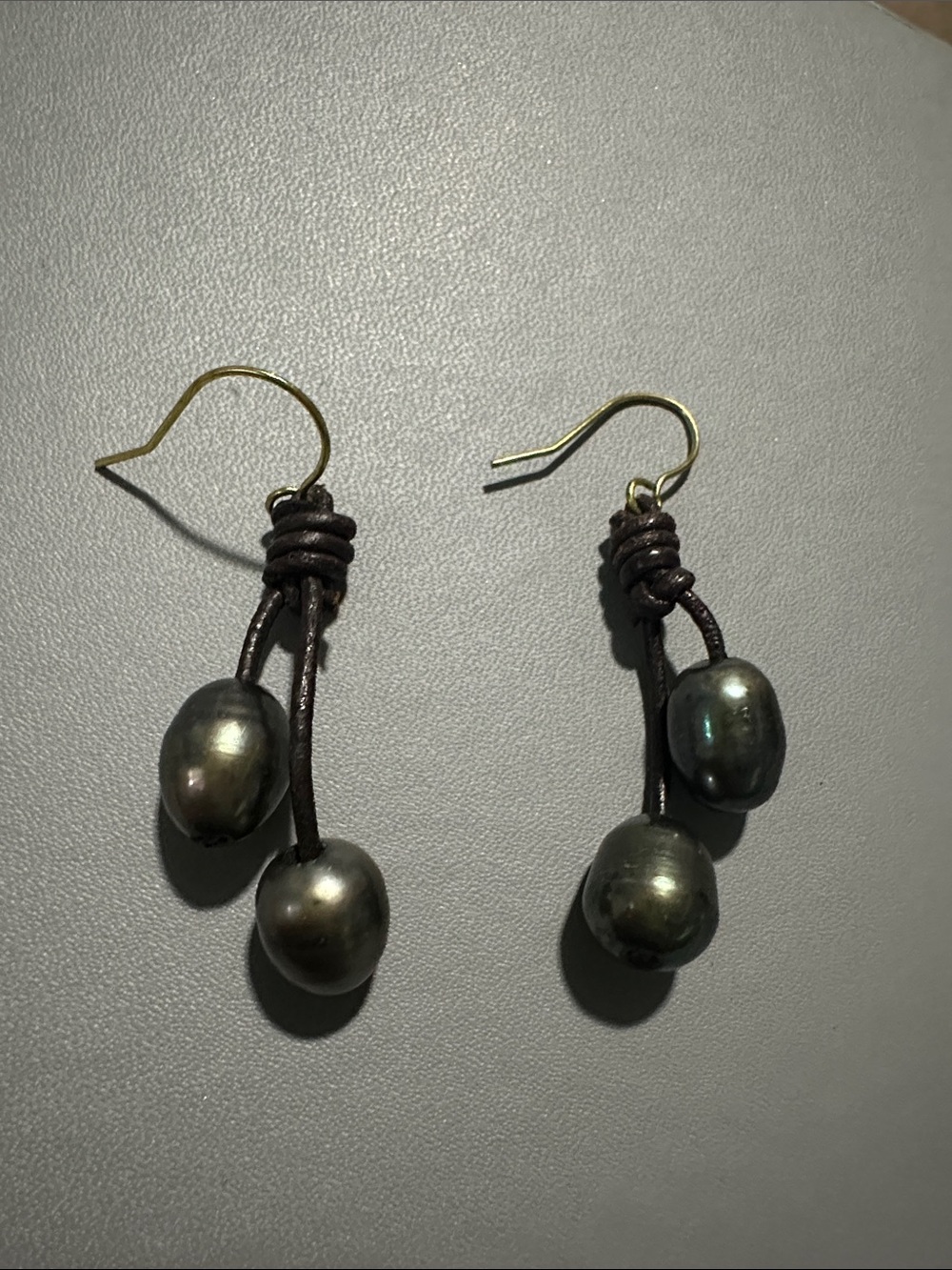 Handcrafted Chrome Pearl Drop Earrings with Brown Cord